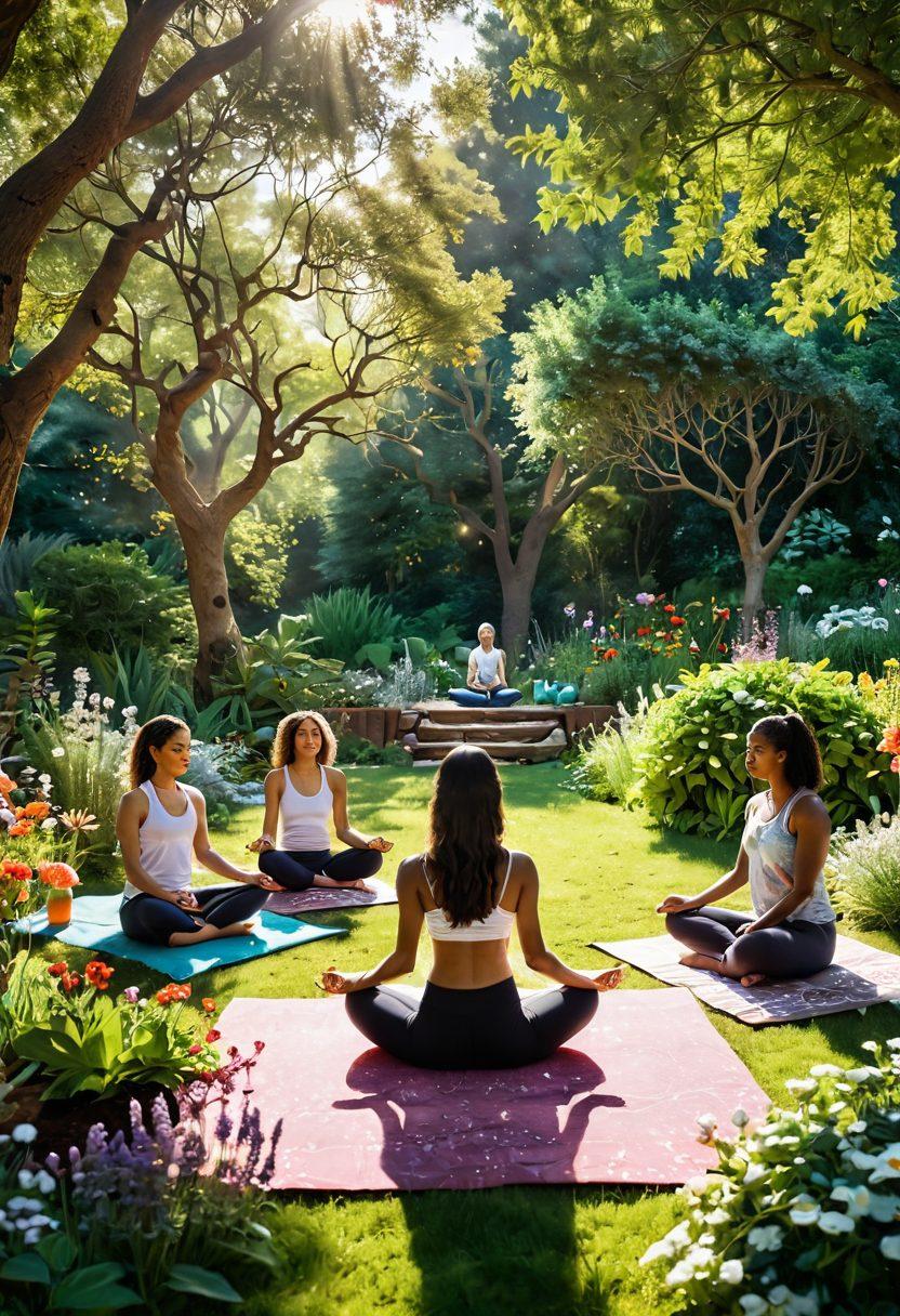A serene scene depicting a diverse group of individuals practicing various self-care techniques in a peaceful garden, with elements such as meditation, herbal remedies, and yoga; soft sunlight filtering through trees, colorful flowers, and wellness symbols like crystals and essential oils scattered around. super-realistic. vibrant colors. natural background.