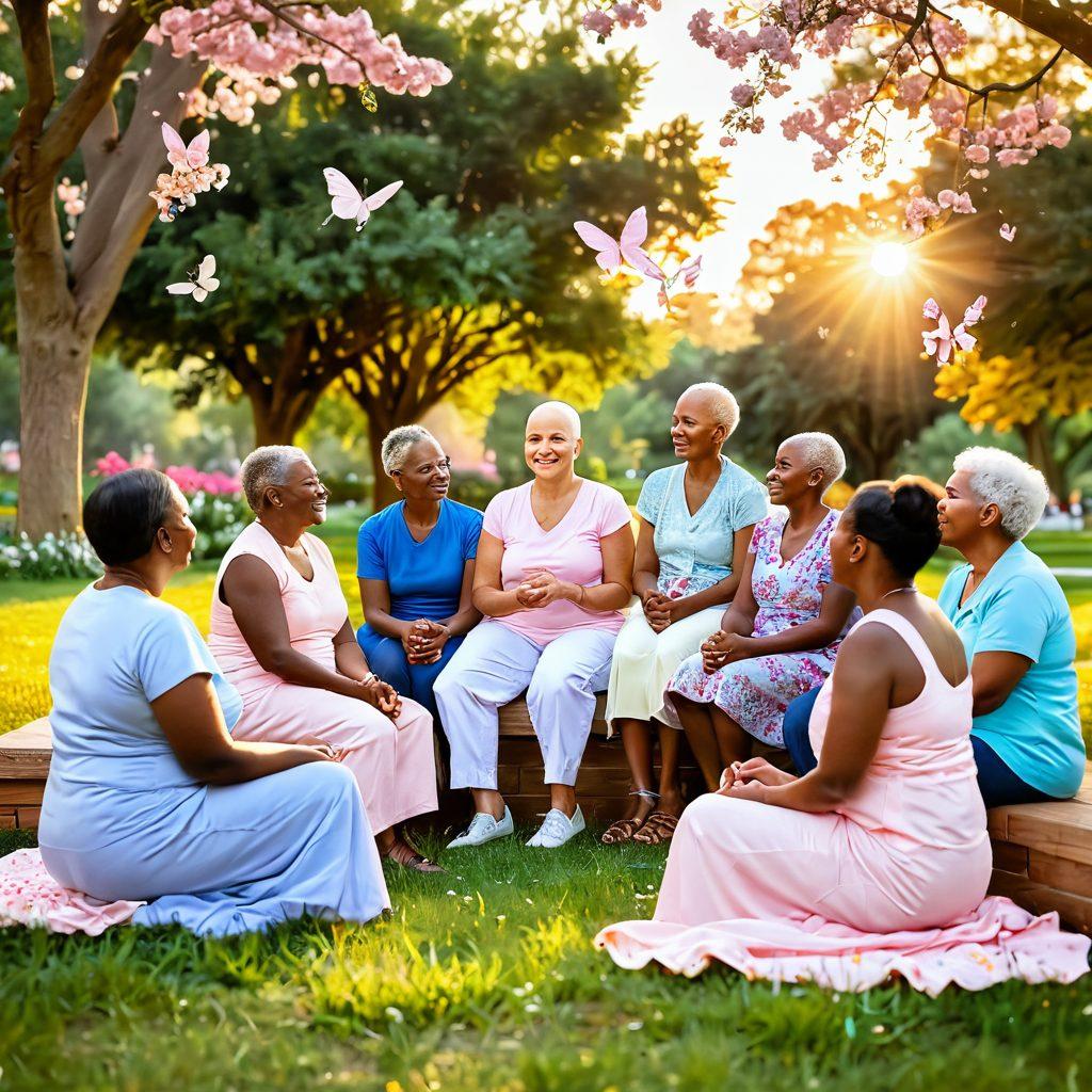 A serene sunrise illuminating a diverse group of cancer survivors sharing their stories in a peaceful park setting. Each individual radiates joy and hope, surrounded by blooming flowers symbolizing resilience. Soft, warm colors evoke a sense of inspiration and healing, with gentle light casting an ethereal glow. Include elements like butterflies and doves to represent transformation and freedom. vibrant colors. super-realistic.
