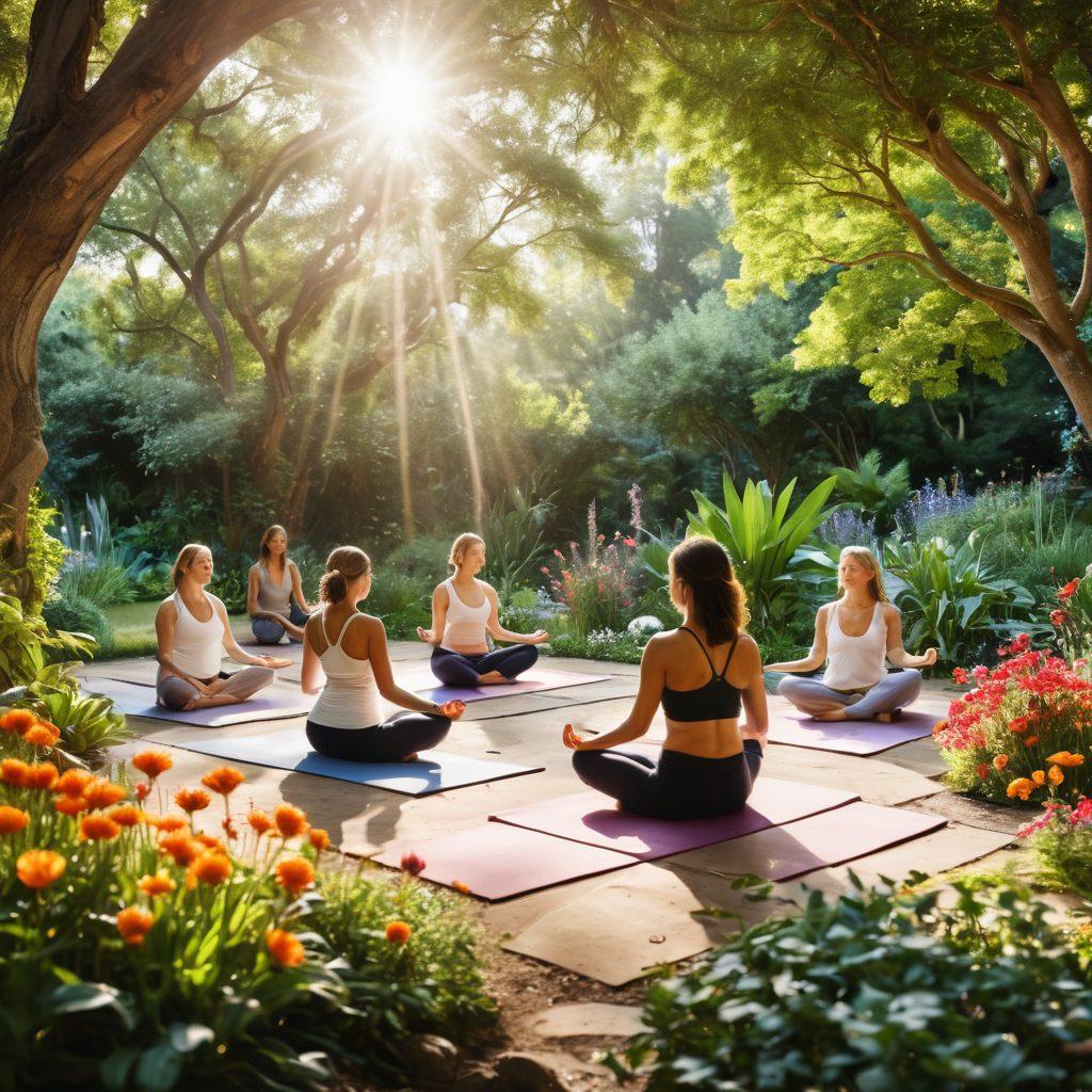A serene scene depicting a diverse group of individuals practicing yoga in a tranquil garden, surrounded by lush greenery and colorful flowers. Gentle sunlight filters through the trees, casting warm light on the participants as they engage in mindfulness practices. In the background, a diverse range of healing tools like crystals, herbs, and essential oils are subtly integrated. The atmosphere radiates peace, inclusivity, and holistic wellness. vibrant colors. serene. soft focus.